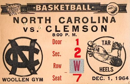 1964 UNC vs. Clemson Basketball Ticket Stub