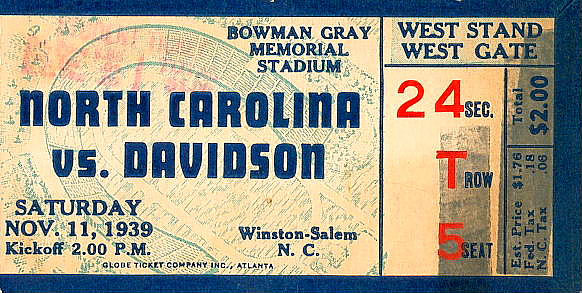 1939 UNC-Davidson Ticket Stub