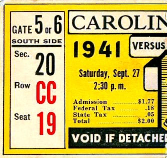 1941 UNC-South Carolina Ticket Stub