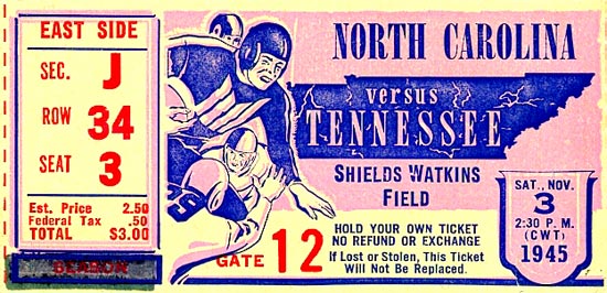1945 UNC-Tennessee Ticket Stub