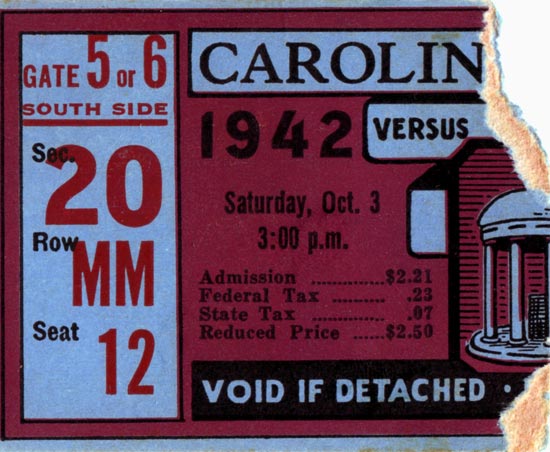 1942 UNC-Lenoir Rhyne Ticket Stub