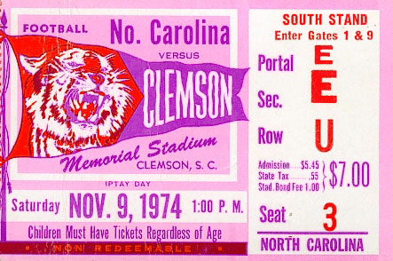 1974 UNC-Clemson Ticket Stub