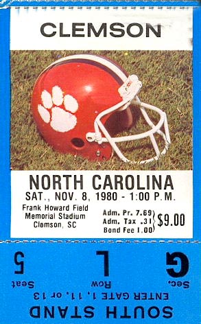 1980 UNC-Clemson Ticket Stub
