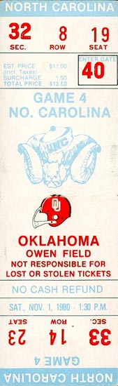 1980 UNC-Oklahoma Ticket Stub