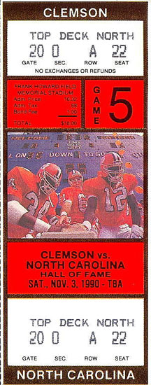 1990 UNC-Clemson Ticket Stub