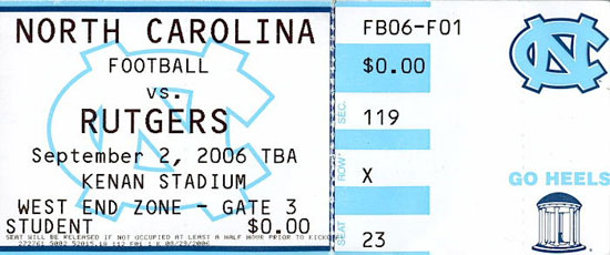 2006 UNC-Rutgers Ticket Stub 1