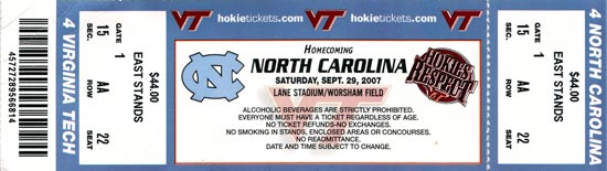 2007-09-29 UNC-Virginia Tech Ticket