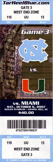 2007-10-06 UNC-Miami Ticket Stub